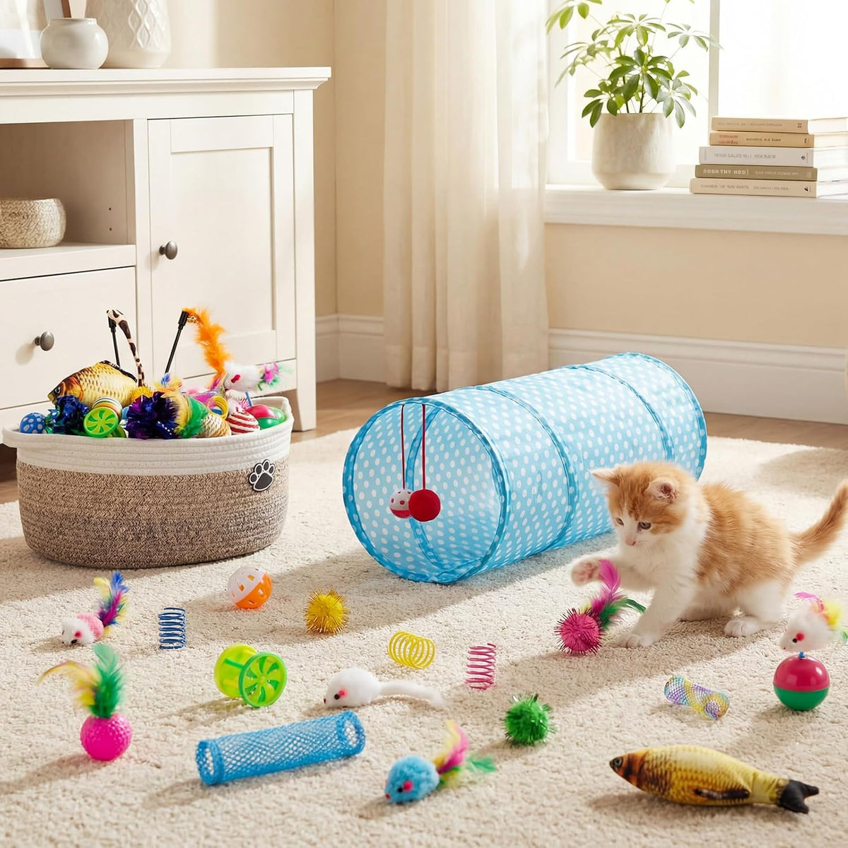 Leitee 38 Pcs Cat Storage Basket Gift Toy Set Kitten Toys, Including 2 Way Tunnel, Bell Crinkle Balls Spring Feather Teaser Sisal Ball Simulated Fish, Interactive for Indoor Pet