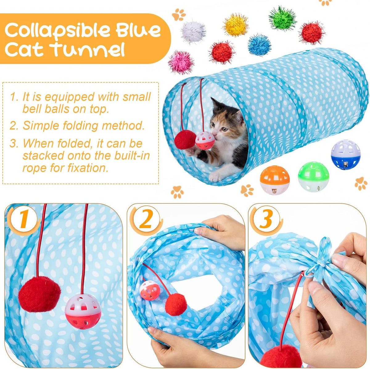 Leitee 38 Pcs Cat Storage Basket Gift Toy Set Kitten Toys, Including 2 Way Tunnel, Bell Crinkle Balls Spring Feather Teaser Sisal Ball Simulated Fish, Interactive for Indoor Pet