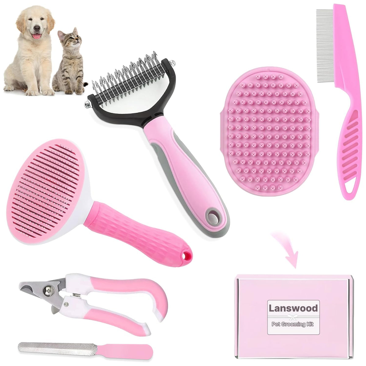 Lanswood Dog Brush Dog Grooming Kit 6PCS Dog Brush for Shedding-Dog Brushes for Grooming, Dematting Comb for Dogs, Cat Nail Clipper with Nail File, Flea Comb, Bath Brush(Blue)