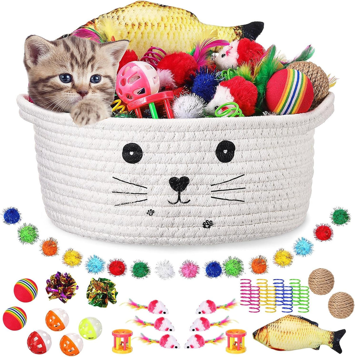 Zopeal 58 Pcs Cat Toy Set with Storage Basket Indoor, Multicolor, 12 Inch | Flashing Balls Bells Crinkle Spring Attract Felines Swat Hunt, Interactive Kitten Playthings for Indoor Kittens Gift