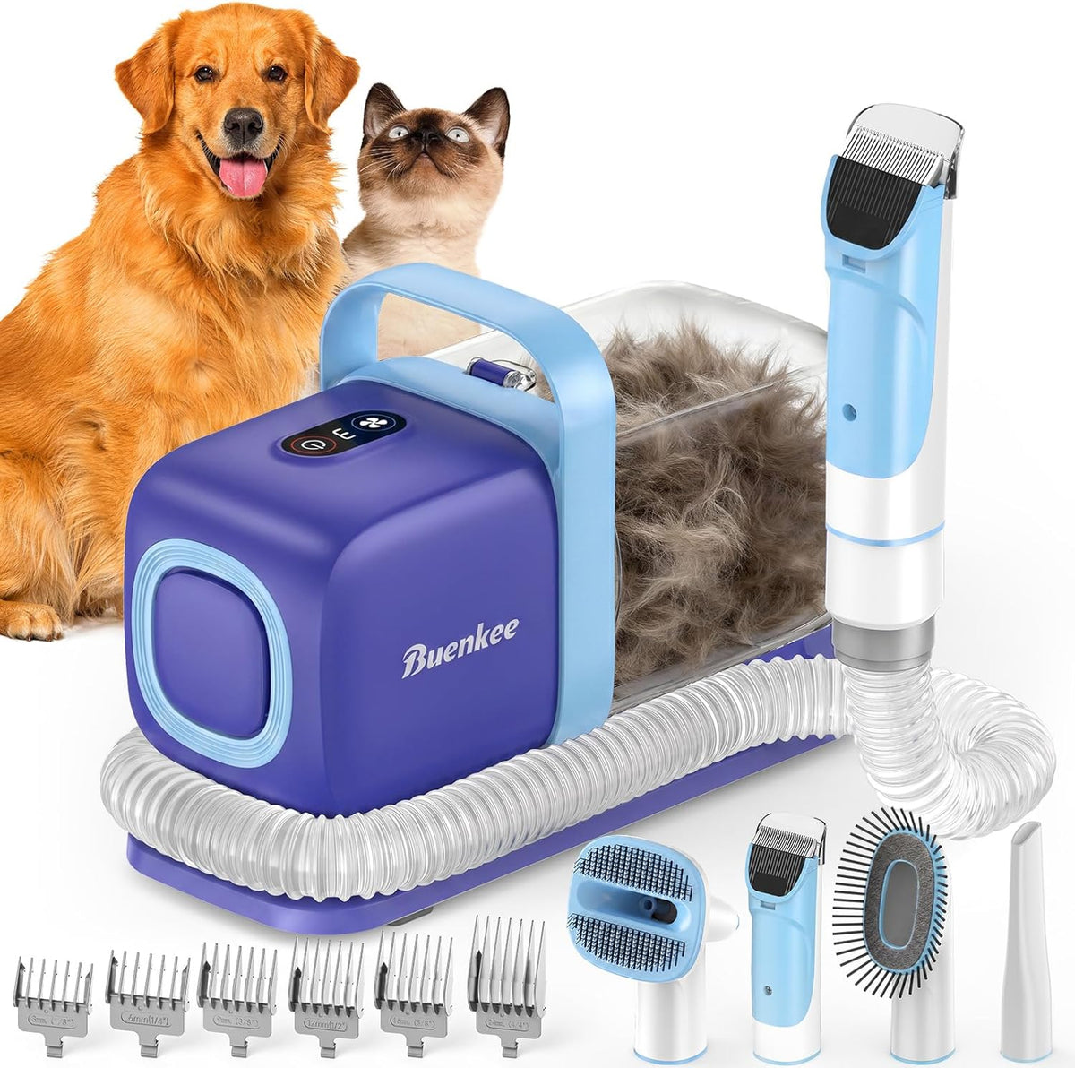 Buenkee Dog Grooming Vacuum Kit, 15000Pa Clipper, Shedding Brush, 2L, White | Brush, trim and deshed at home with less flying fur, mess-control suction and fewer emptying breaks during longer sessions
