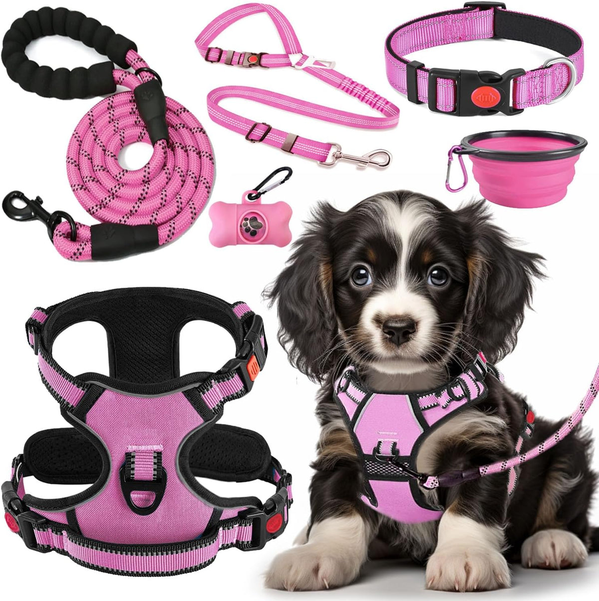LOBEVE No Pull Dog Harness, Collar & Leash Set with Travel Accessories | Includes Dog Seat Belt, Collapsible Bowls & Poop Bag Dispenser. Ideal for Training, Walking, Hiking. Fits Small to Large Dogs
