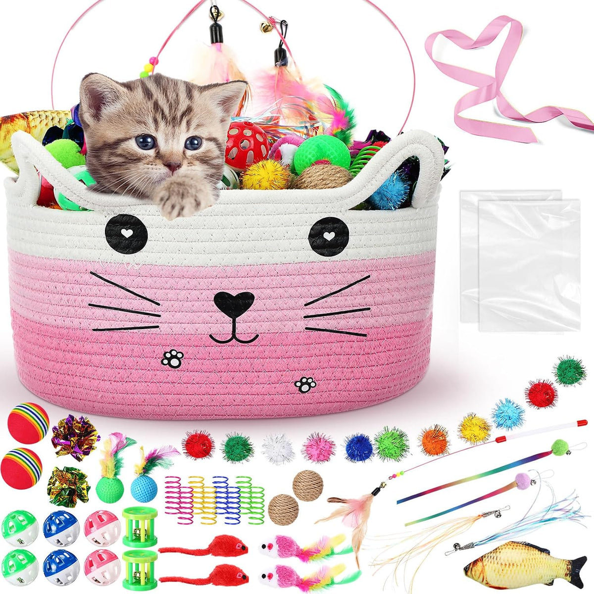 Zopeal 76 Pcs Cat Storage Basket Gift Toys Set, Khaki | Interactive Cat Basket Variety Toys, Include Wand Colorful Flashing Balls Pet Crinkle Balls, Attract Kitten to Swat