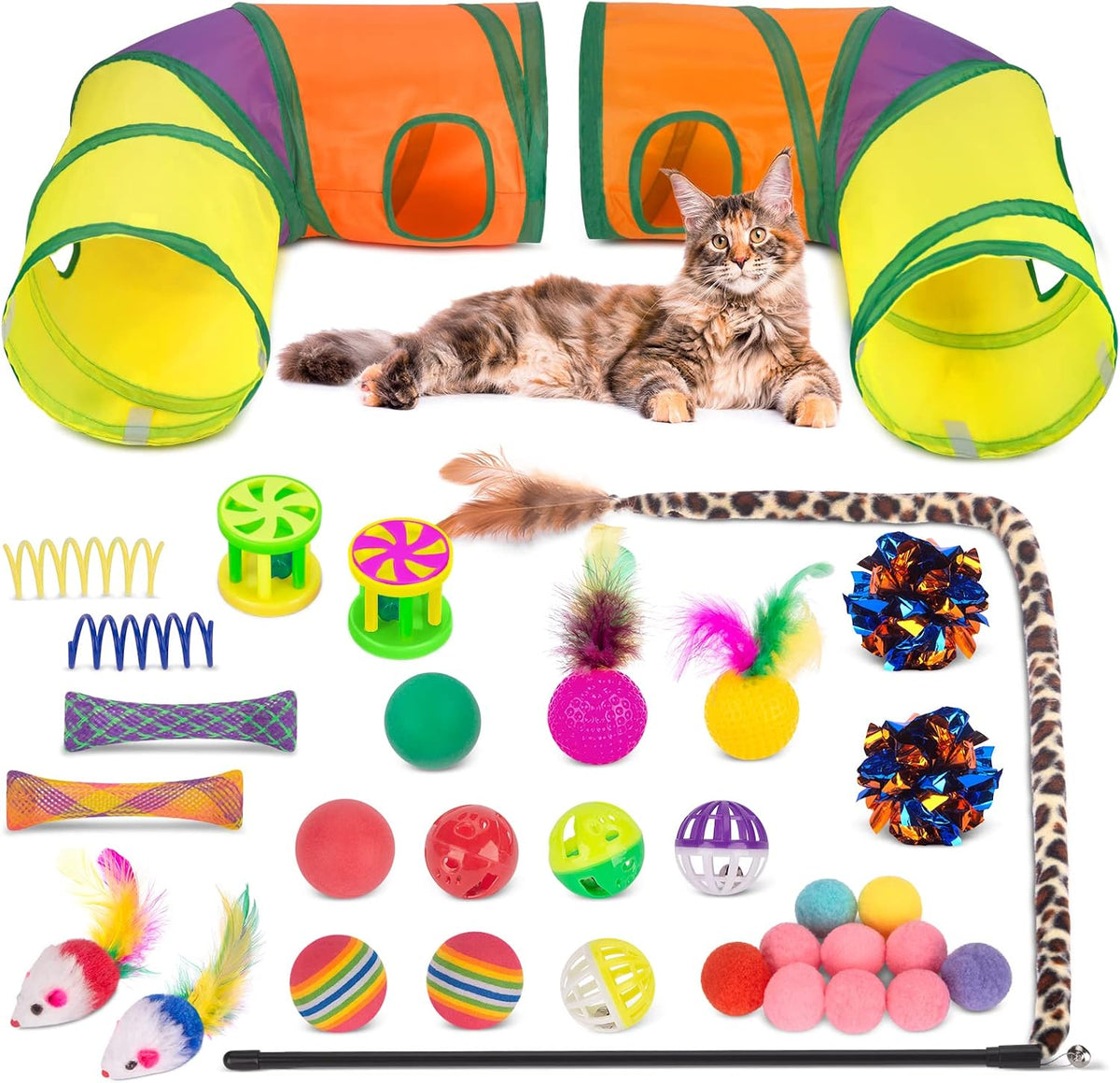 Retro Shaw 33Pcs Cat Toys Pack for Indoor Cats Kitten, with Cube Tunnel | Collapsible, Kitten Toys Interactive Feather Wand Springs Pompom Ball Bell Mice Reduces Boredom & Anxiety