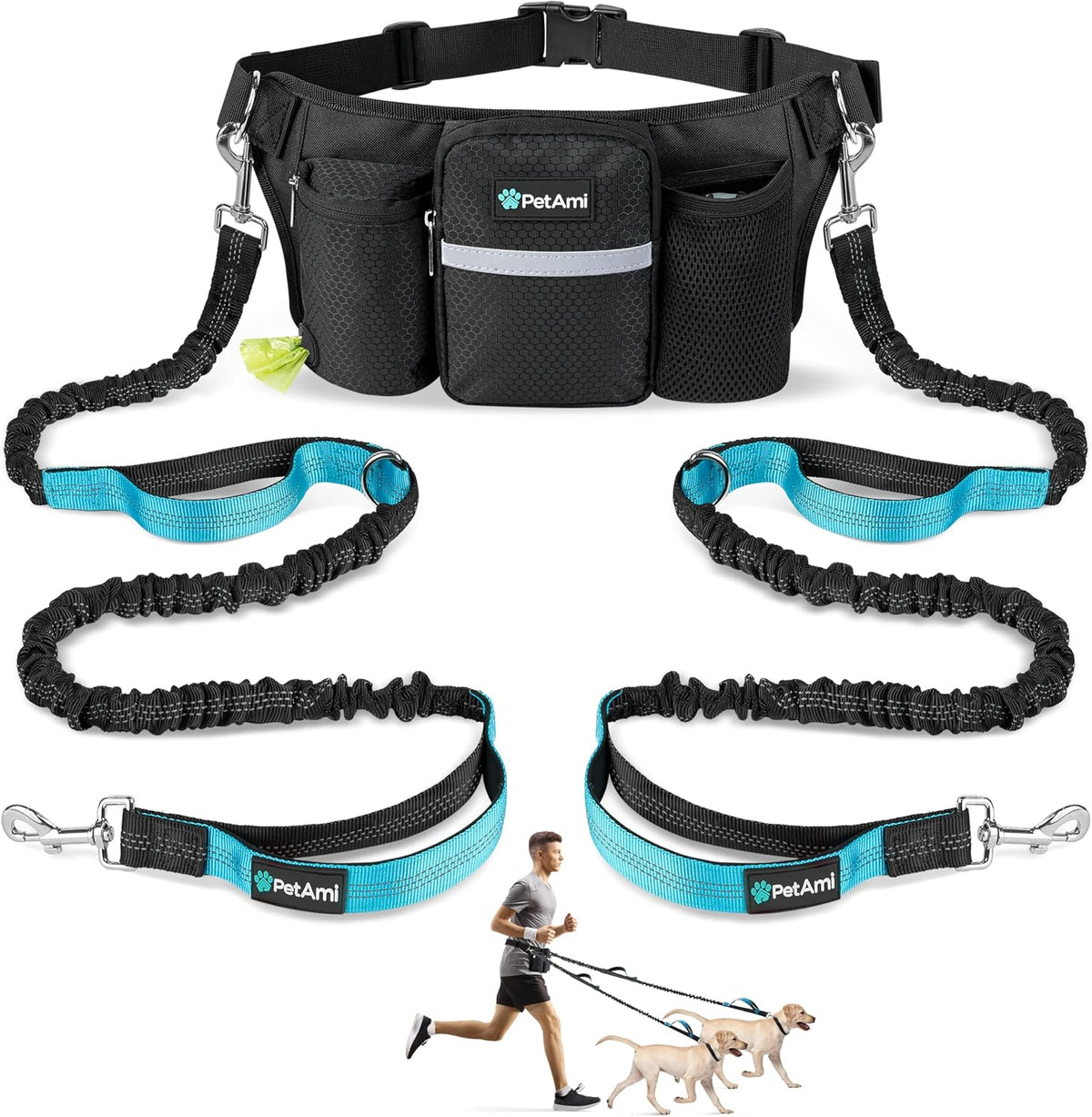 PetAmi Premium Hands Free Dog Leash for 2 Dogs, Adjustable Waist Belt for Dog Walking, Fanny Pack Accessories Bag Dual Bungee for Running, Hiking, Jogging, Biking, Turquoise Blue