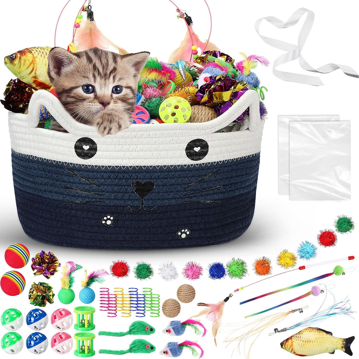 Zopeal 76 Pcs Cat Storage Basket Gift Toys Set, Khaki | Interactive Cat Basket Variety Toys, Include Wand Colorful Flashing Balls Pet Crinkle Balls, Attract Kitten to Swat