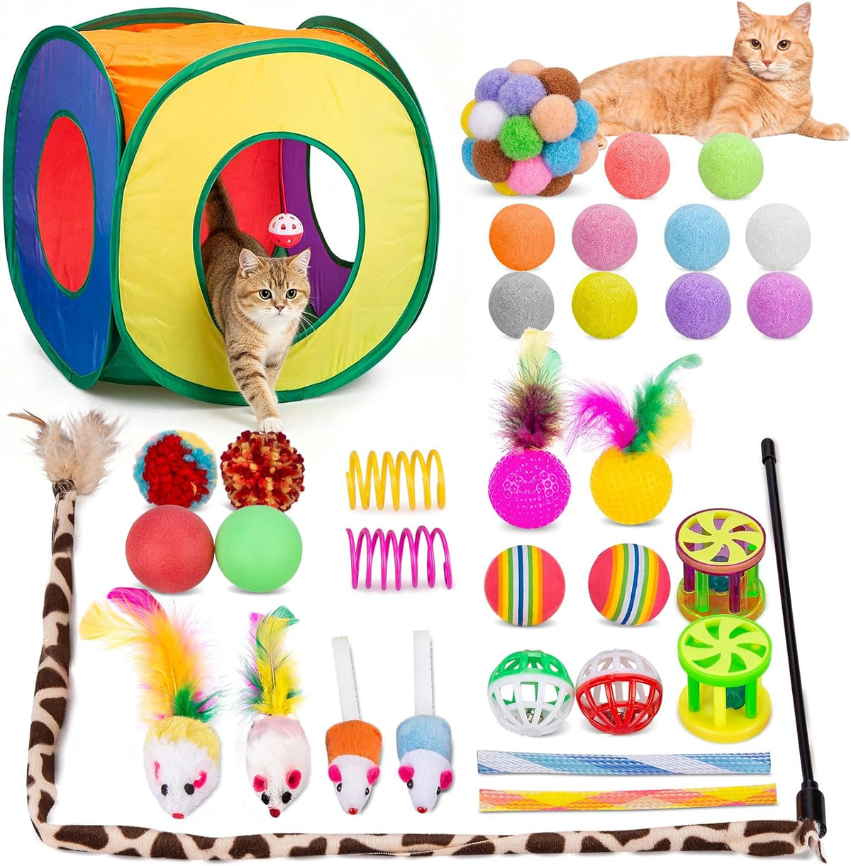 Retro Shaw 33Pcs Cat Toys Pack for Indoor Cats Kitten, with Cube Tunnel | Collapsible, Kitten Toys Interactive Feather Wand Springs Pompom Ball Bell Mice Reduces Boredom & Anxiety