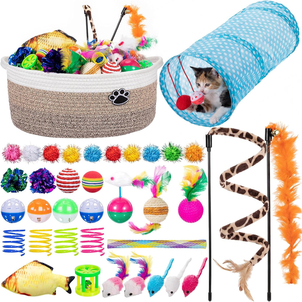 Leitee 38 Pcs Cat Storage Basket Gift Toy Set Kitten Toys, Including 2 Way Tunnel, Bell Crinkle Balls Spring Feather Teaser Sisal Ball Simulated Fish, Interactive for Indoor Pet