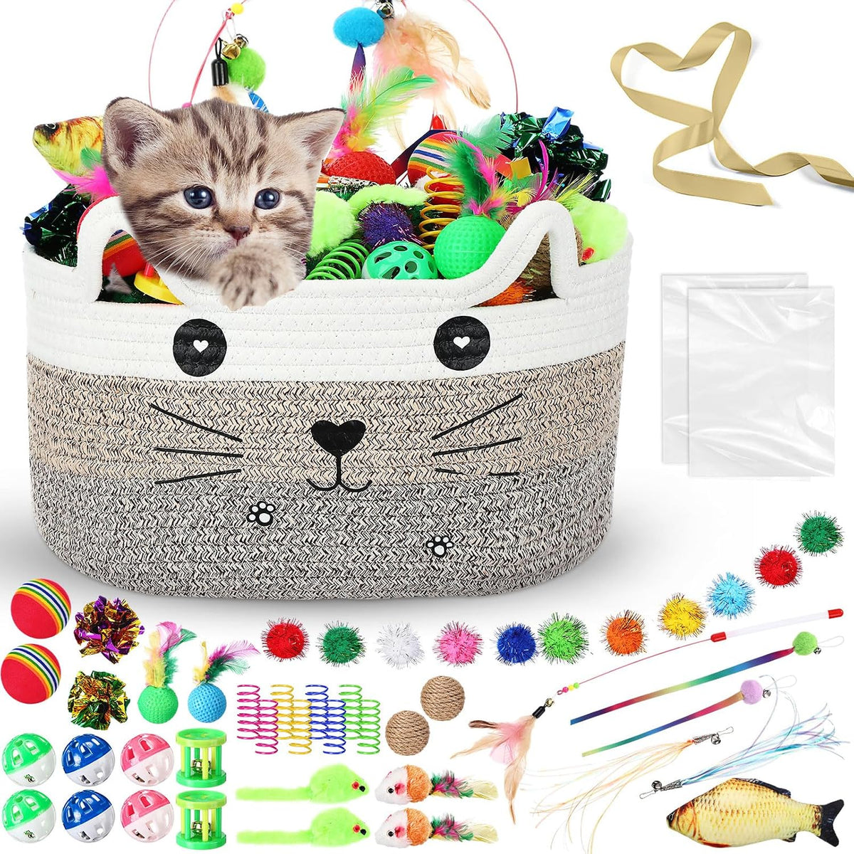 Zopeal 76 Pcs Cat Storage Basket Gift Toys Set, Khaki | Interactive Cat Basket Variety Toys, Include Wand Colorful Flashing Balls Pet Crinkle Balls, Attract Kitten to Swat