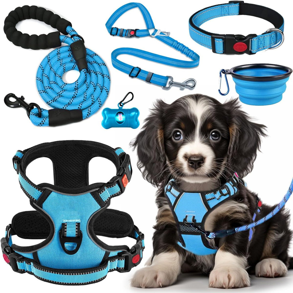 LOBEVE No Pull Dog Harness, Collar & Leash Set with Travel Accessories | Includes Dog Seat Belt, Collapsible Bowls & Poop Bag Dispenser. Ideal for Training, Walking, Hiking. Fits Small to Large Dogs