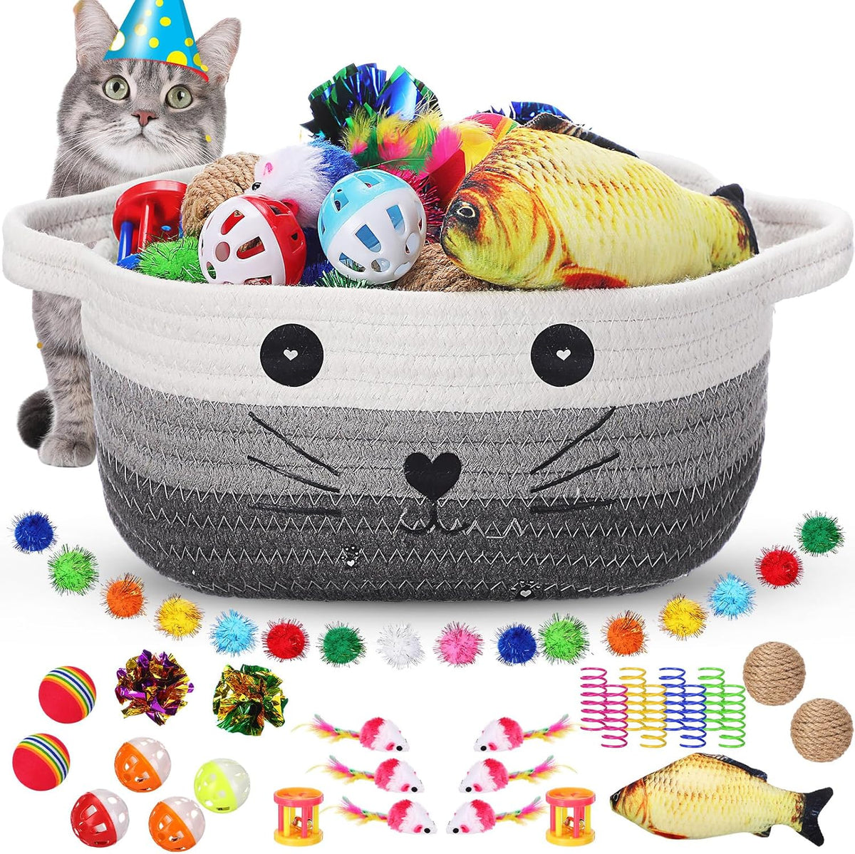 Zopeal 58 Pcs Cat Toy Set with Storage Basket Indoor, Multicolor, 12 Inch | Flashing Balls Bells Crinkle Spring Attract Felines Swat Hunt, Interactive Kitten Playthings for Indoor Kittens Gift