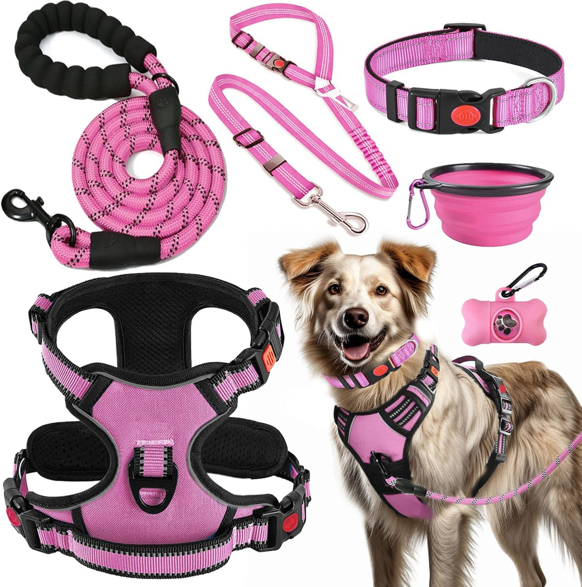 LOBEVE No Pull Dog Harness, Collar & Leash Set with Travel Accessories | Includes Dog Seat Belt, Collapsible Bowls & Poop Bag Dispenser. Ideal for Training, Walking, Hiking. Fits Small to Large Dogs