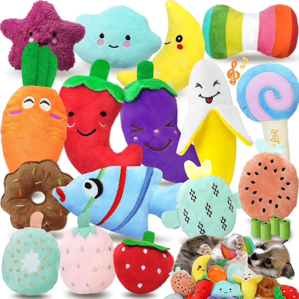 QTwoof 20-Pack Plush Squeaky Dog Toys for Small Dogs | 16 Plush Toys,4 Dog Bags,Built-In Squeakers,Keeps Dogs Busy,Boredom Relief