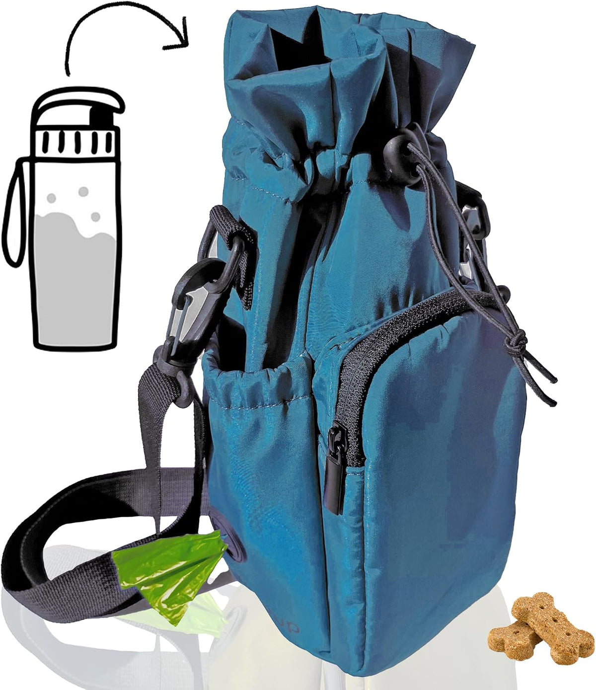 RibbyPup Waterproof Dog Walking Bag with Universal Water Bottle Holder, Built-In Poop Bag Dispenser, Unisex Cross-Body Treat Pouch (Black)