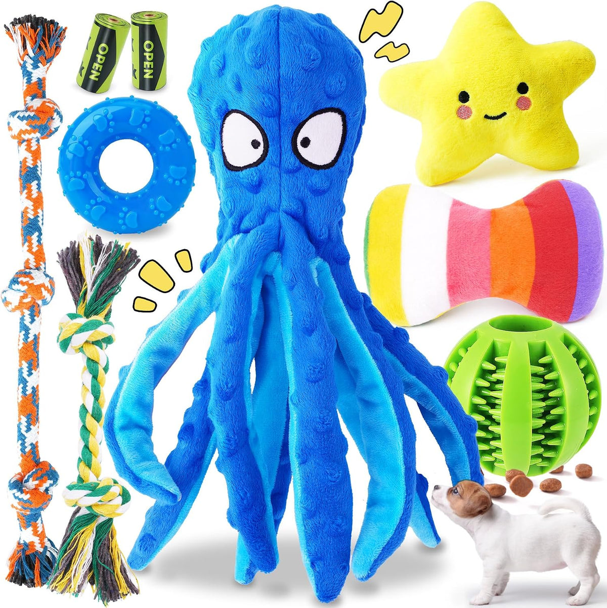 KIPRITII 9 Pack Puppy Toys Set for Small Dogs, Teething & Interactive Play | No-Stuffing Octopus-Shaped Toy, Squeaky & Crinkle Sounds, Interactive Tugging, Keep Dogs Busy, Indoor & Outdoor Play
