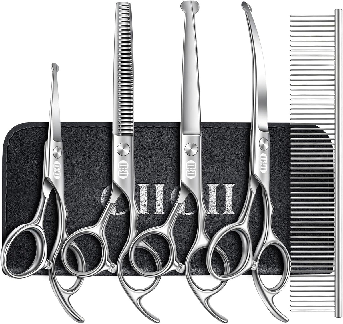 CIICII Dog Grooming Scissors Kit, 7 Inch Safety Pet Cat Shears Set (Black) | Professional Pet Grooming Scissors Set, Round Tip / Curved, Dogs / Cats Hair Cutting Trimming Thinning Shears for Home Salon