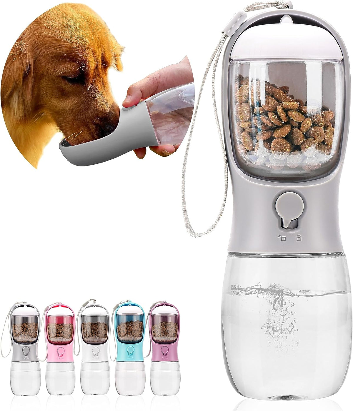 AVELORA Dog Water Bottle with Food Container, Portable Leak Proof Pet Water Dispenser for Walking Hiking Travel, Puppy Essentials Accessories for Small Large Dogs, Dog Gifts (10oz/15oz/19oz)