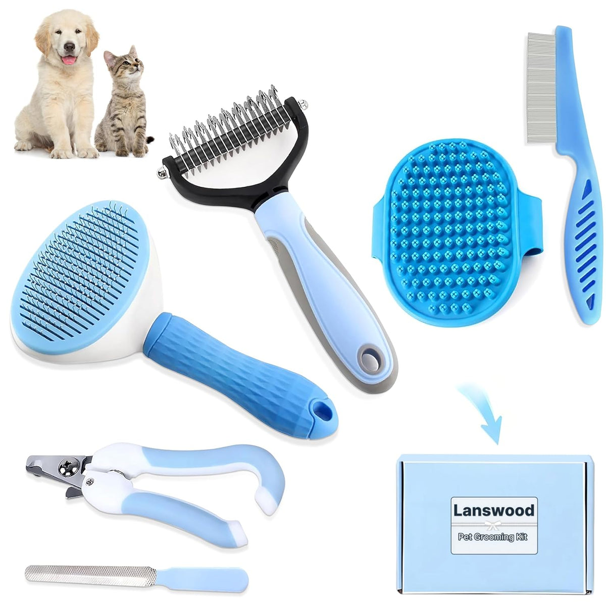 Lanswood Dog Brush Dog Grooming Kit 6PCS Dog Brush for Shedding-Dog Brushes for Grooming, Dematting Comb for Dogs, Cat Nail Clipper with Nail File, Flea Comb, Bath Brush(Blue)
