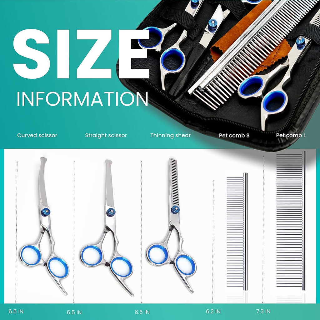 MEDUWEDU 7 in 1 Dog Grooming Scissors Set with Safety Round Head, Sharp and Durable, with Two Stainless Steel Combs, Pet Grooming Scissors for Cats and Dogs