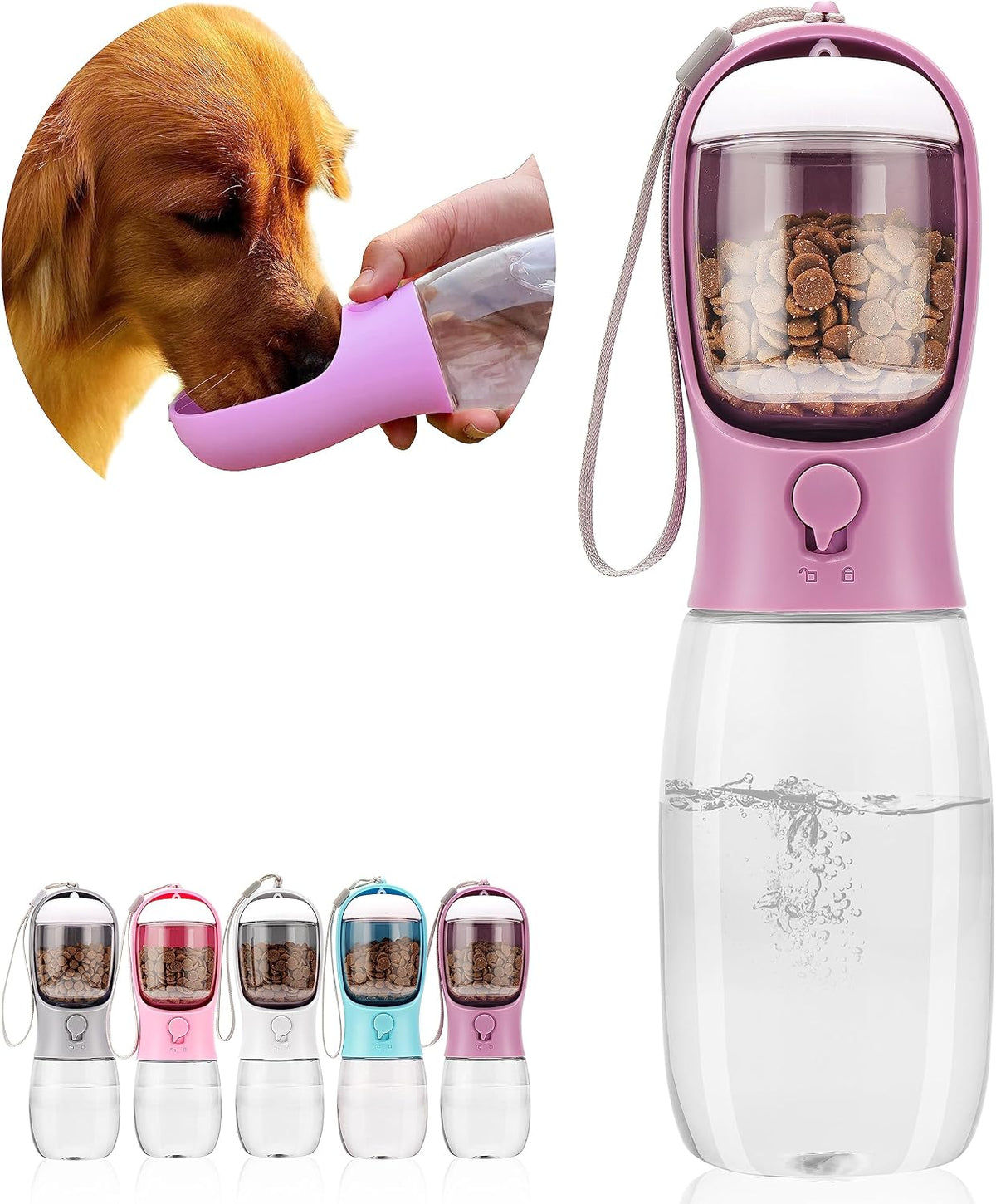 AVELORA Dog Water Bottle with Food Container, Portable Leak Proof Pet Water Dispenser for Walking Hiking Travel, Puppy Essentials Accessories for Small Large Dogs, Dog Gifts (10oz/15oz/19oz)