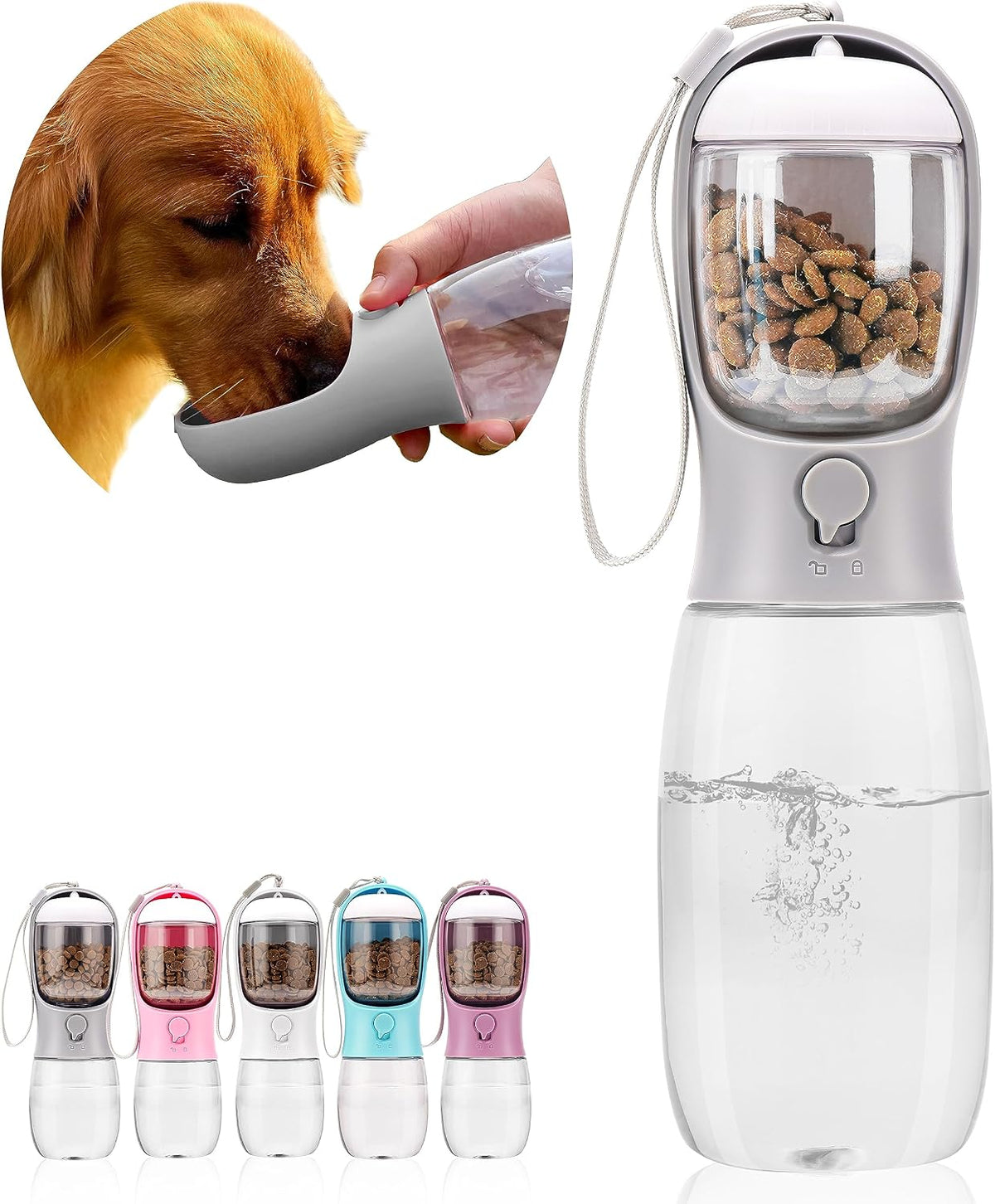 AVELORA Dog Water Bottle with Food Container, Portable Leak Proof Pet Water Dispenser for Walking Hiking Travel, Puppy Essentials Accessories for Small Large Dogs, Dog Gifts (10oz/15oz/19oz)