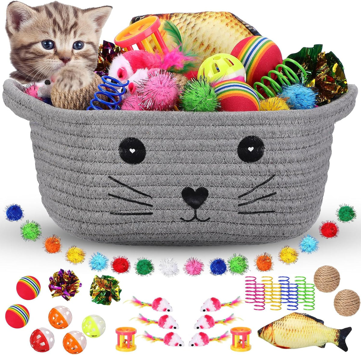 Zopeal 58 Pcs Cat Toy Set with Storage Basket Indoor, Multicolor, 12 Inch | Flashing Balls Bells Crinkle Spring Attract Felines Swat Hunt, Interactive Kitten Playthings for Indoor Kittens Gift