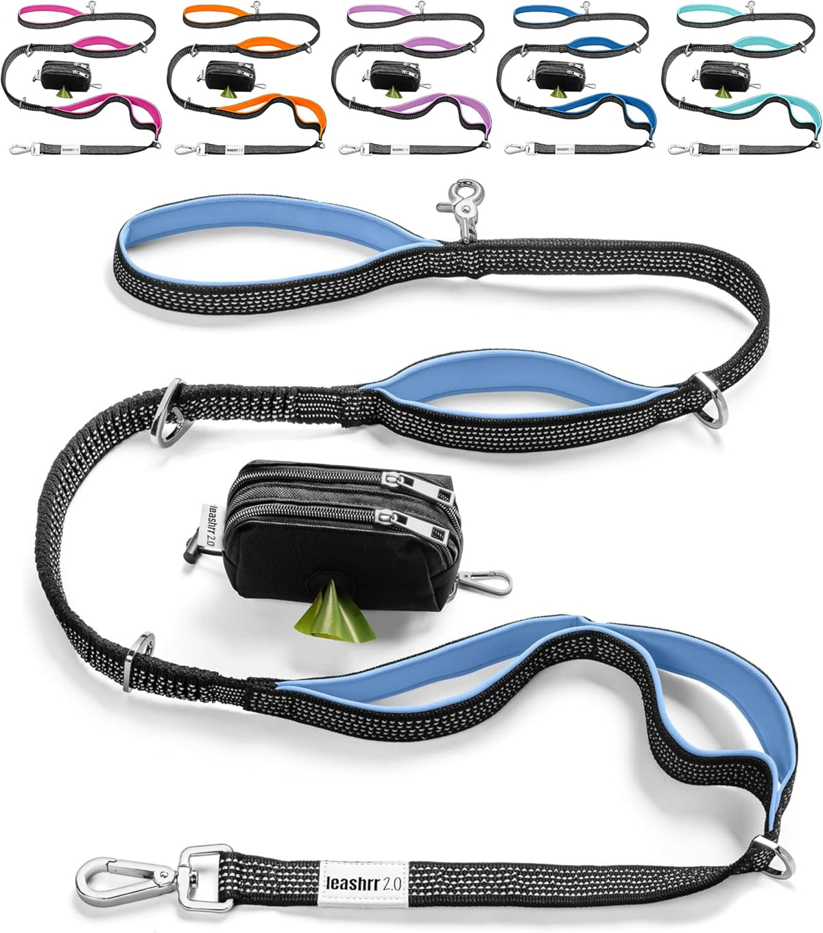 Heavy Duty Dog Leash for Large Dogs – 6FT Reflective Bungee with Padded Handles, Strong Carabiner Clip, No Pull Control for Medium & Large Breeds, Includes Poop Bag Holder & Treat Pouch (Royal Blue)