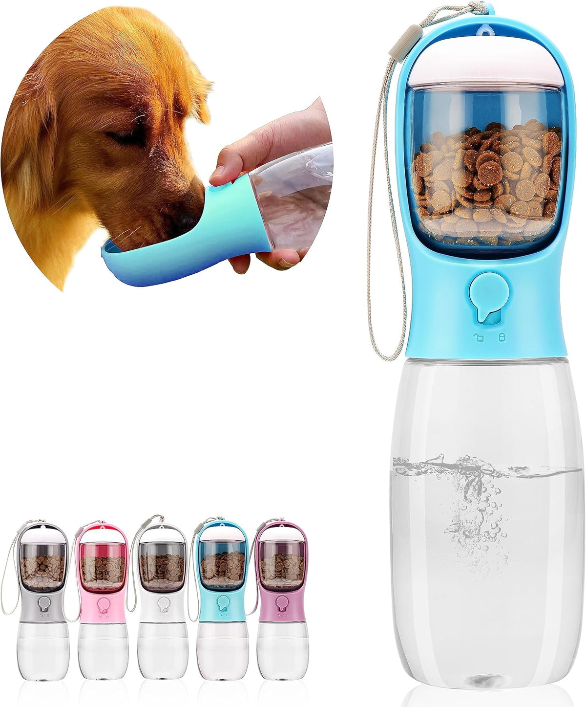 AVELORA Dog Water Bottle with Food Container, Portable Leak Proof Pet Water Dispenser for Walking Hiking Travel, Puppy Essentials Accessories for Small Large Dogs, Dog Gifts (10oz/15oz/19oz)