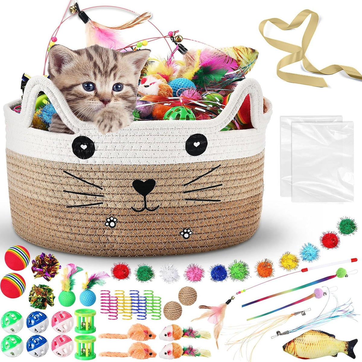 Zopeal 76 Pcs Cat Storage Basket Gift Toys Set, Khaki | Interactive Cat Basket Variety Toys, Include Wand Colorful Flashing Balls Pet Crinkle Balls, Attract Kitten to Swat