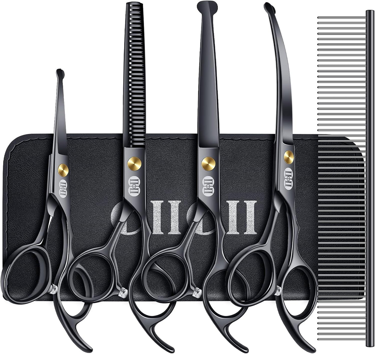 CIICII Dog Grooming Scissors Kit, 7 Inch Safety Pet Cat Shears Set (Black) | Professional Pet Grooming Scissors Set, Round Tip / Curved, Dogs / Cats Hair Cutting Trimming Thinning Shears for Home Salon