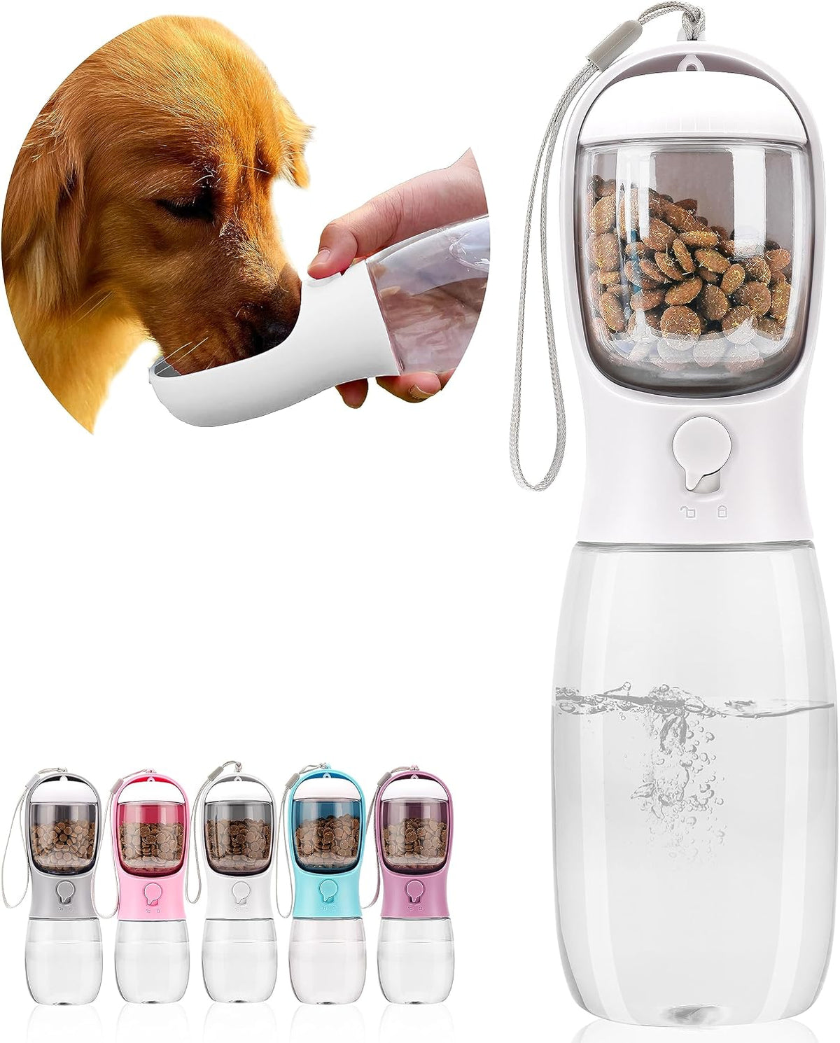 AVELORA Dog Water Bottle with Food Container, Portable Leak Proof Pet Water Dispenser for Walking Hiking Travel, Puppy Essentials Accessories for Small Large Dogs, Dog Gifts (10oz/15oz/19oz)