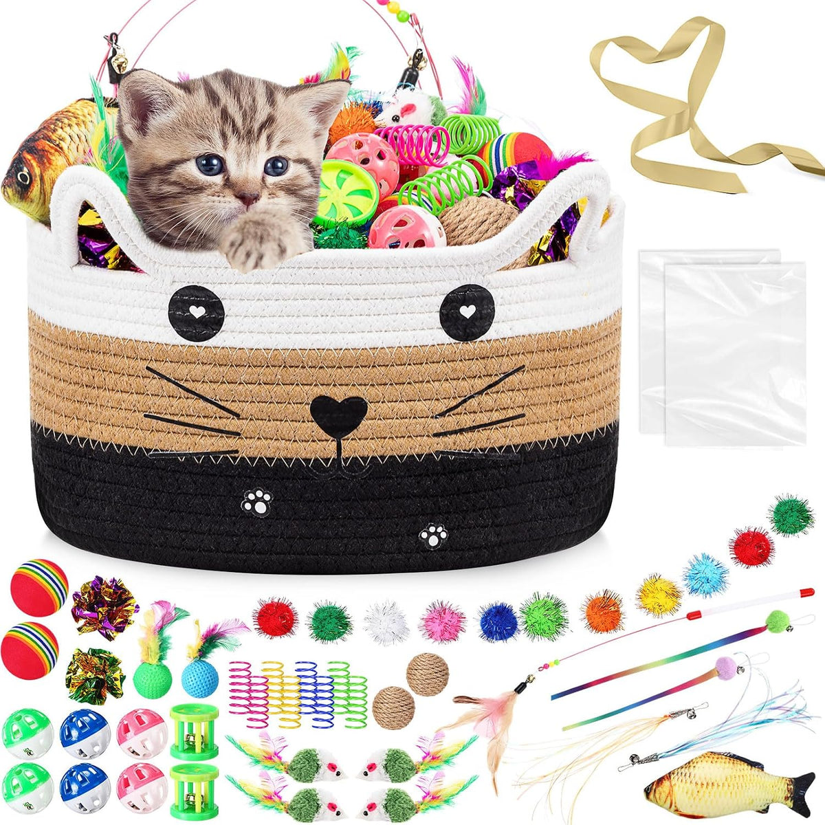 Zopeal 76 Pcs Cat Storage Basket Gift Toys Set, Khaki | Interactive Cat Basket Variety Toys, Include Wand Colorful Flashing Balls Pet Crinkle Balls, Attract Kitten to Swat