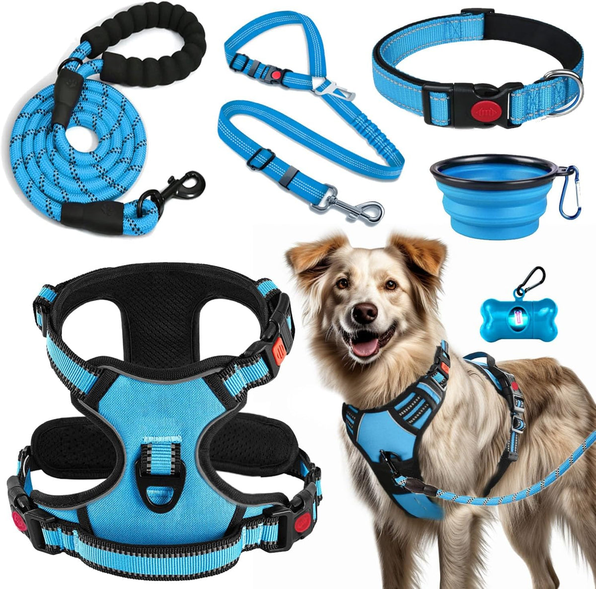 LOBEVE No Pull Dog Harness, Collar & Leash Set with Travel Accessories | Includes Dog Seat Belt, Collapsible Bowls & Poop Bag Dispenser. Ideal for Training, Walking, Hiking. Fits Small to Large Dogs