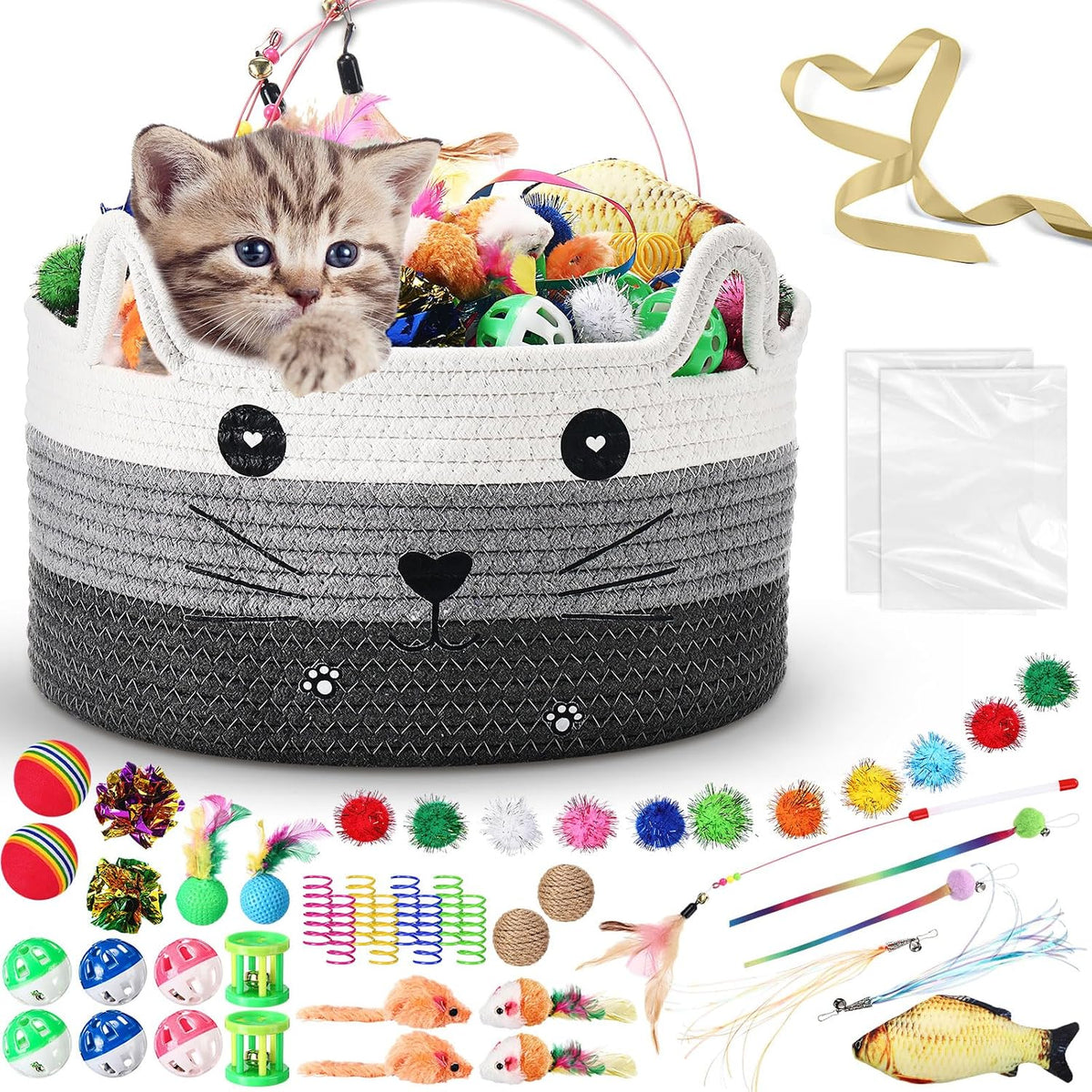 Zopeal 76 Pcs Cat Storage Basket Gift Toys Set, Khaki | Interactive Cat Basket Variety Toys, Include Wand Colorful Flashing Balls Pet Crinkle Balls, Attract Kitten to Swat