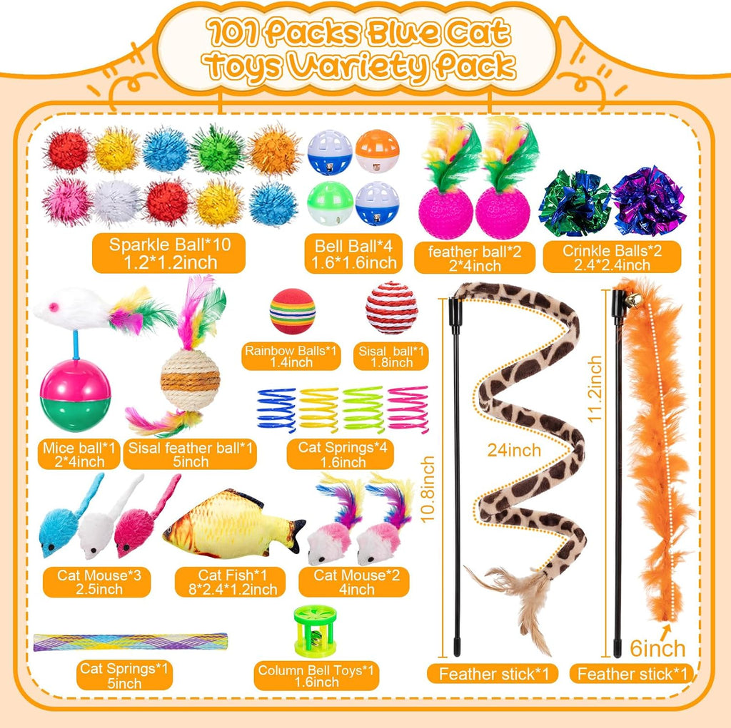 Leitee 38 Pcs Cat Storage Basket Gift Toy Set Kitten Toys, Including 2 Way Tunnel, Bell Crinkle Balls Spring Feather Teaser Sisal Ball Simulated Fish, Interactive for Indoor Pet