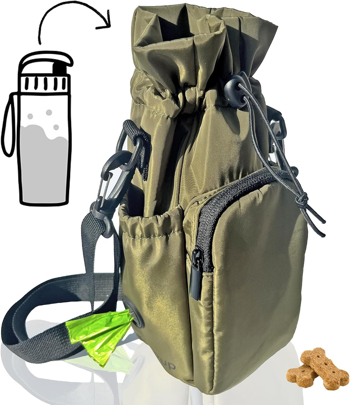 RibbyPup Waterproof Dog Walking Bag with Universal Water Bottle Holder, Built-In Poop Bag Dispenser, Unisex Cross-Body Treat Pouch (Black)