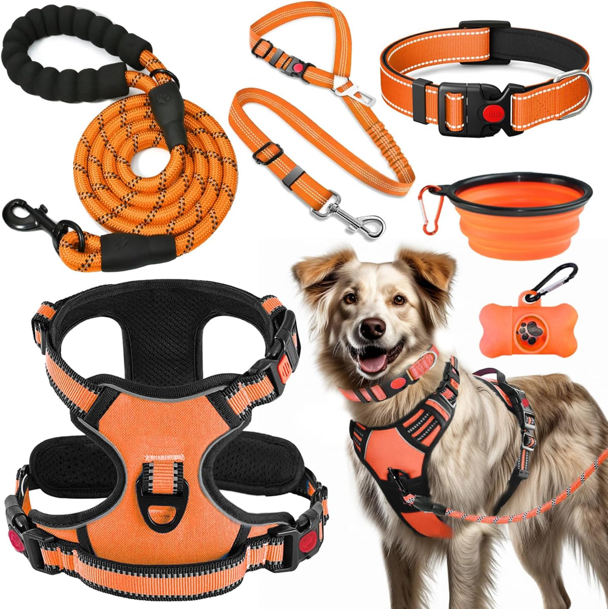 LOBEVE No Pull Dog Harness, Collar & Leash Set with Travel Accessories | Includes Dog Seat Belt, Collapsible Bowls & Poop Bag Dispenser. Ideal for Training, Walking, Hiking. Fits Small to Large Dogs