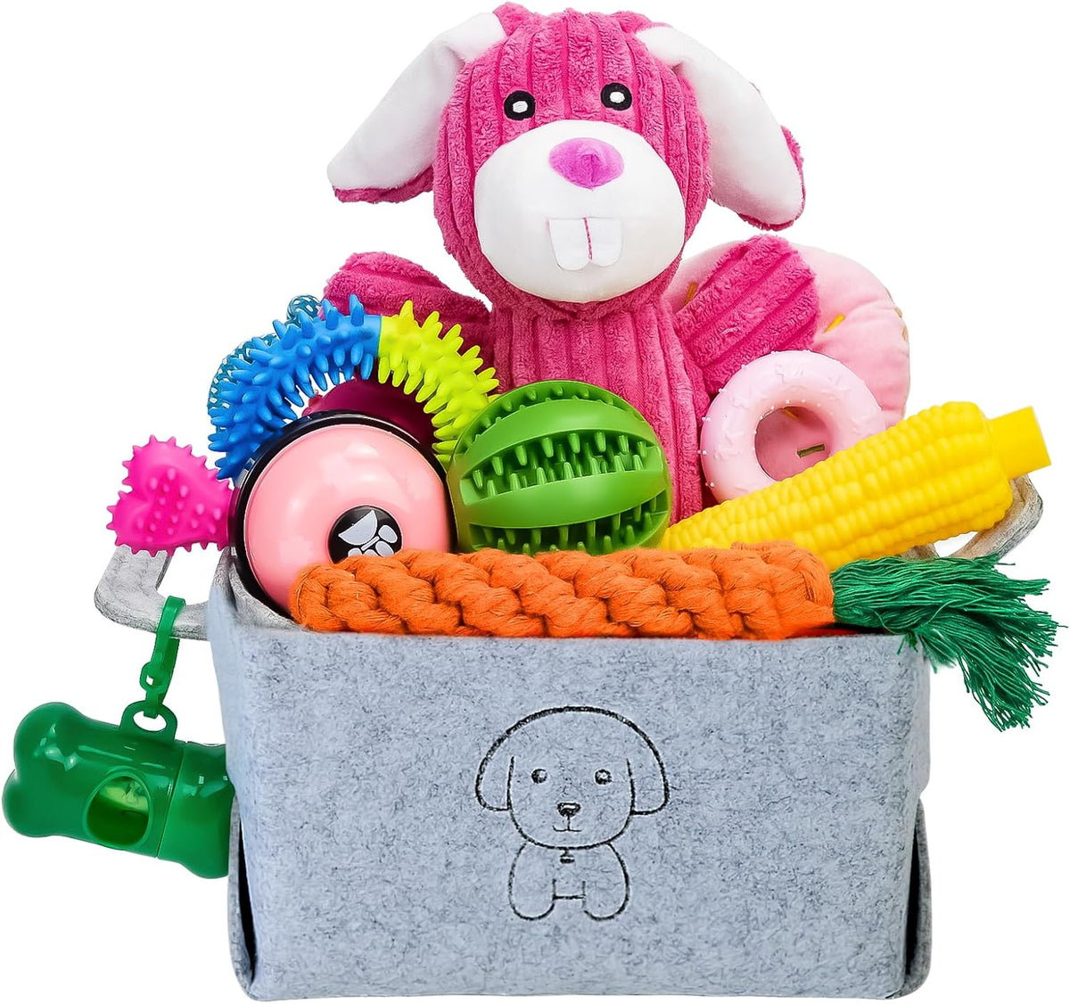 MRSOHRET 20Pcs Puppy Chew Toys for Teething, Dog Chew Toys with Rope Toy, Pet Dog Toothbrush, Treat Balls, Plush Toys and Squeaky Toys for Small Medium Dogs with Basket to Keep Them Busy