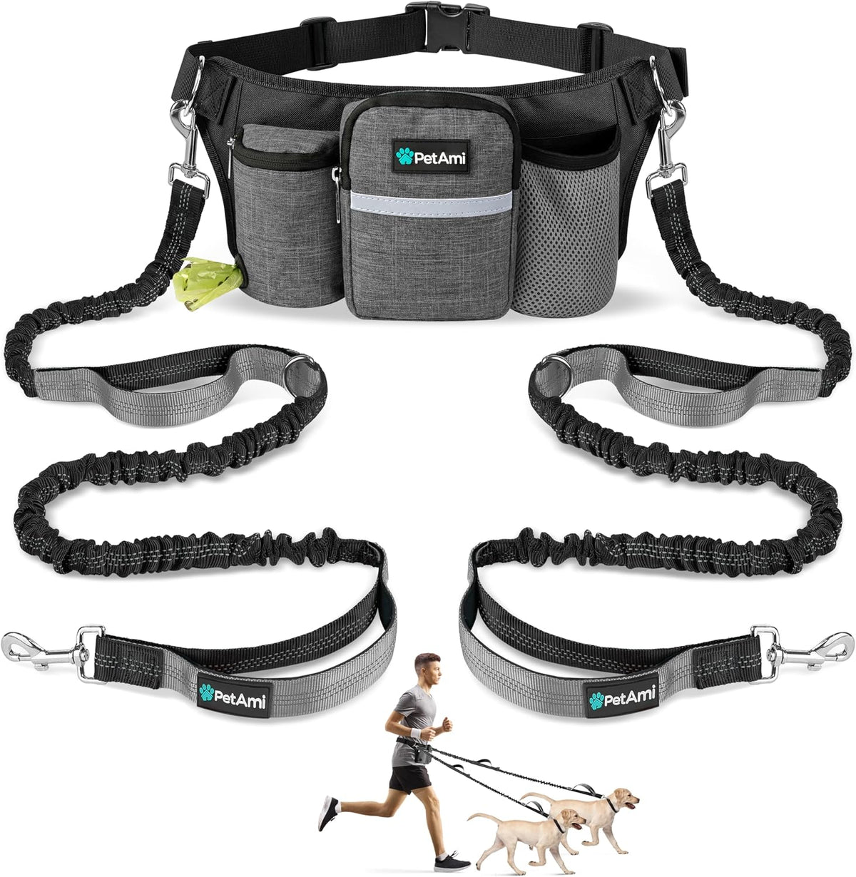 PetAmi Premium Hands Free Dog Leash for 2 Dogs, Adjustable Waist Belt for Dog Walking, Fanny Pack Accessories Bag Dual Bungee for Running, Hiking, Jogging, Biking, Turquoise Blue