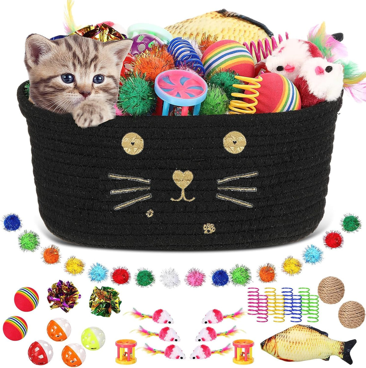Zopeal 58 Pcs Cat Toy Set with Storage Basket Indoor, Multicolor, 12 Inch | Flashing Balls Bells Crinkle Spring Attract Felines Swat Hunt, Interactive Kitten Playthings for Indoor Kittens Gift