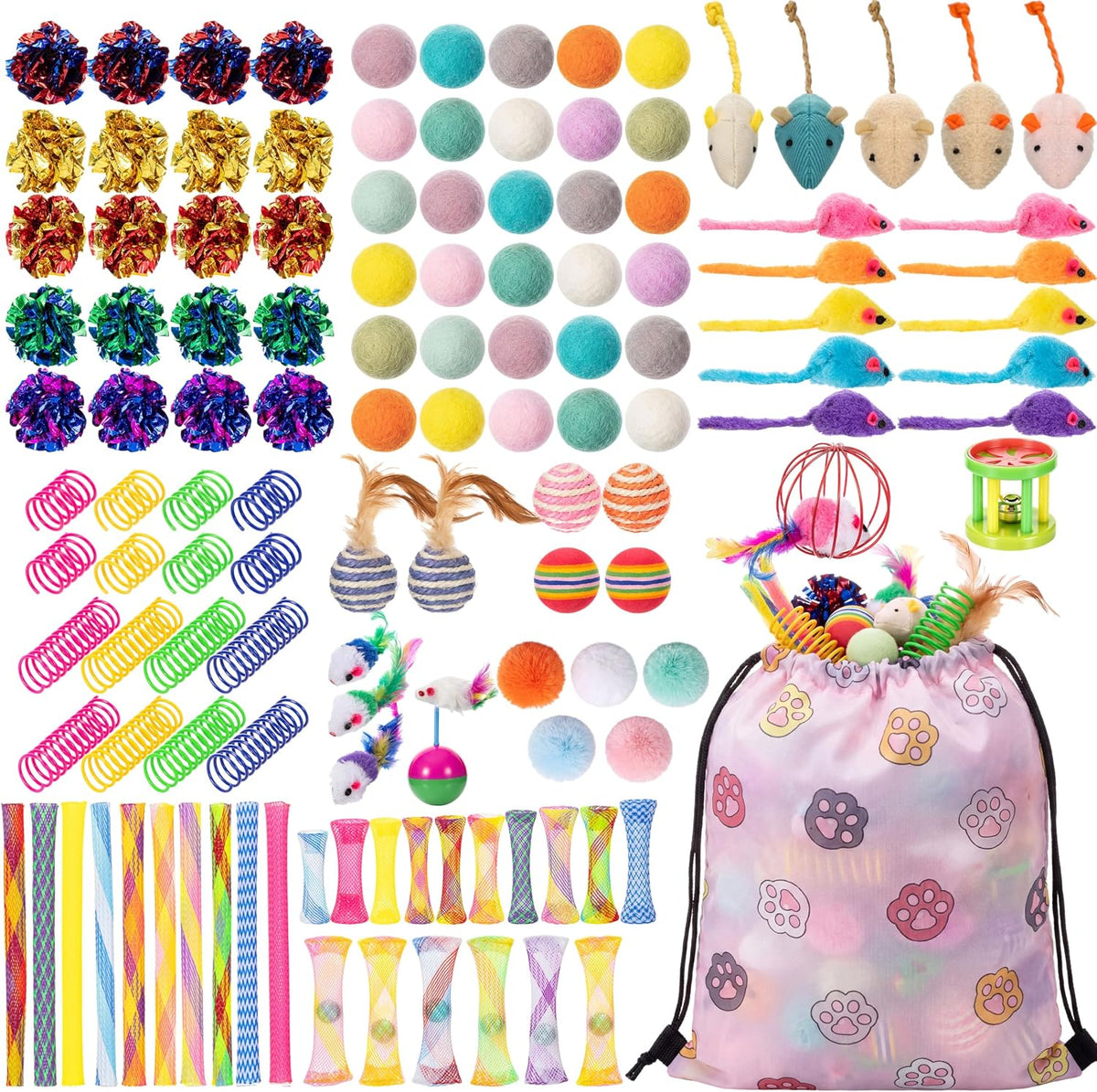 Leitee 151 Pcs Cat Interactive Toys for Indoor Cats Bulk with Gift Storage Bag Kitten Toys Stuff Gift Set Including Springs Mice Balls Bells Sisal Ball for Indoor Kitty Play Exercise (Bright)
