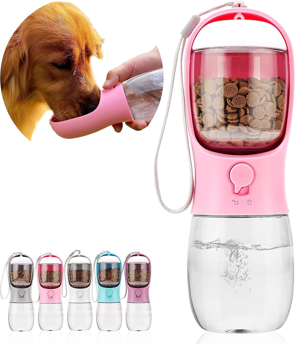 AVELORA Dog Water Bottle with Food Container, Portable Leak Proof Pet Water Dispenser for Walking Hiking Travel, Puppy Essentials Accessories for Small Large Dogs, Dog Gifts (10oz/15oz/19oz)