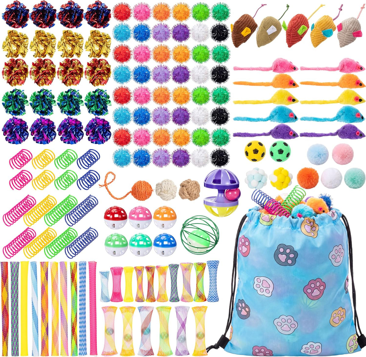 Leitee 151 Pcs Cat Interactive Toys for Indoor Cats Bulk with Gift Storage Bag Kitten Toys Stuff Gift Set Including Springs Mice Balls Bells Sisal Ball for Indoor Kitty Play Exercise (Bright)