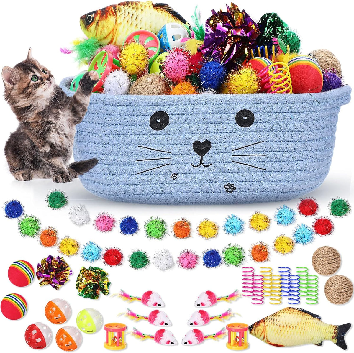 Zopeal 58 Pcs Cat Toy Set with Storage Basket Indoor, Multicolor, 12 Inch | Flashing Balls Bells Crinkle Spring Attract Felines Swat Hunt, Interactive Kitten Playthings for Indoor Kittens Gift