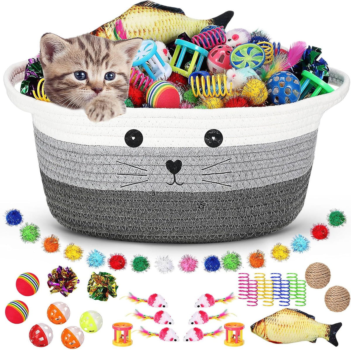 Zopeal 58 Pcs Cat Toy Set with Storage Basket Indoor, Multicolor, 12 Inch | Flashing Balls Bells Crinkle Spring Attract Felines Swat Hunt, Interactive Kitten Playthings for Indoor Kittens Gift