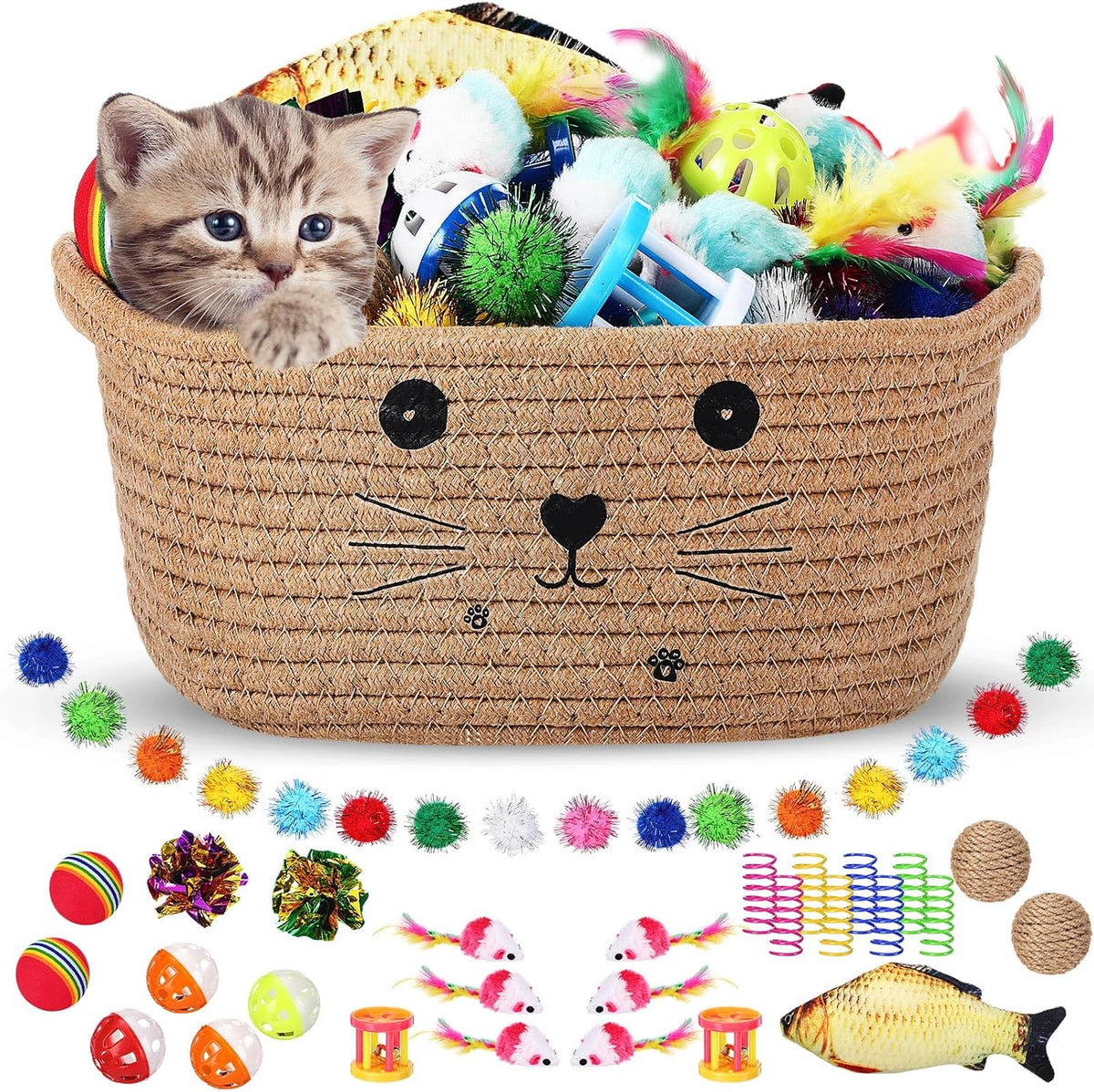 Zopeal 58 Pcs Cat Toy Set with Storage Basket Indoor, Multicolor, 12 Inch | Flashing Balls Bells Crinkle Spring Attract Felines Swat Hunt, Interactive Kitten Playthings for Indoor Kittens Gift