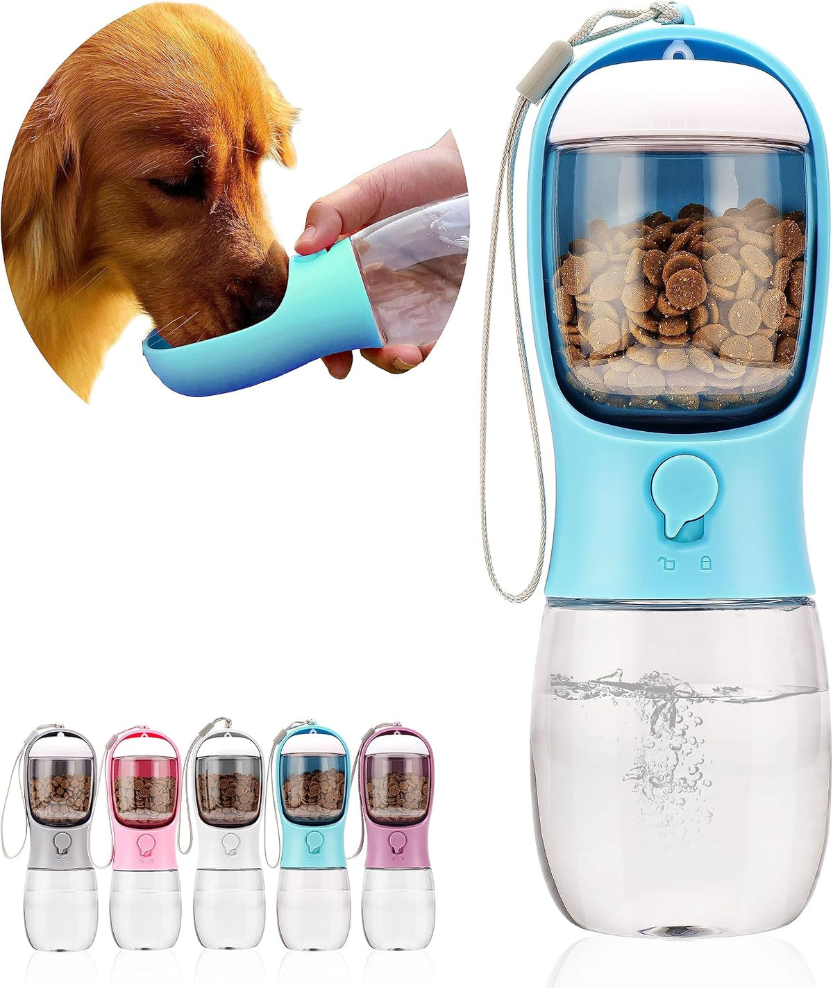 AVELORA Dog Water Bottle with Food Container, Portable Leak Proof Pet Water Dispenser for Walking Hiking Travel, Puppy Essentials Accessories for Small Large Dogs, Dog Gifts (10oz/15oz/19oz)