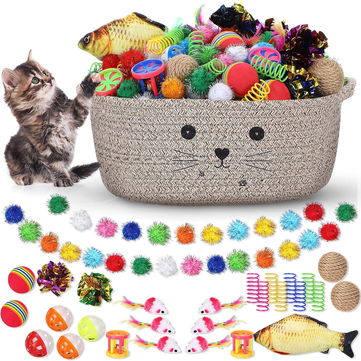 Zopeal 58 Pcs Cat Toy Set with Storage Basket Indoor, Multicolor, 12 Inch | Flashing Balls Bells Crinkle Spring Attract Felines Swat Hunt, Interactive Kitten Playthings for Indoor Kittens Gift