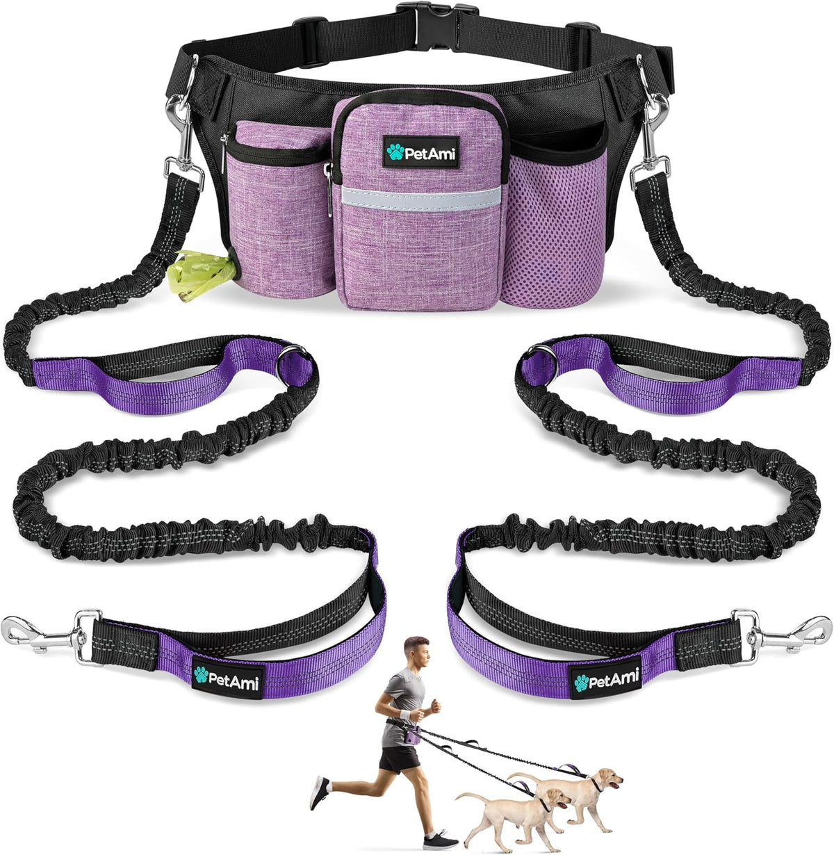 PetAmi Premium Hands Free Dog Leash for 2 Dogs, Adjustable Waist Belt for Dog Walking, Fanny Pack Accessories Bag Dual Bungee for Running, Hiking, Jogging, Biking, Turquoise Blue