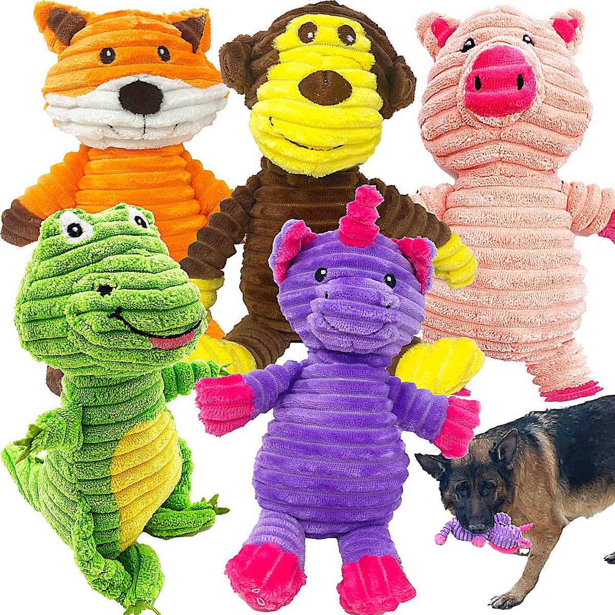 Jalousie Plush Toys Assortment Value Bundle Puppy Pet Mutt Squeak Toy for Medium Large Dogs (5 Pack Knotted)
